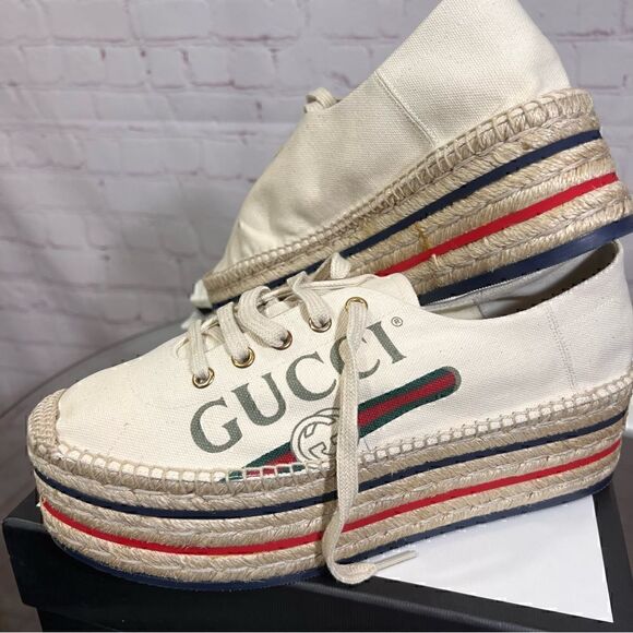 GUCCI Canvas Logo Lace-Up Platform Espadrilles 40 Greggio Grege - Picture 4 of 9